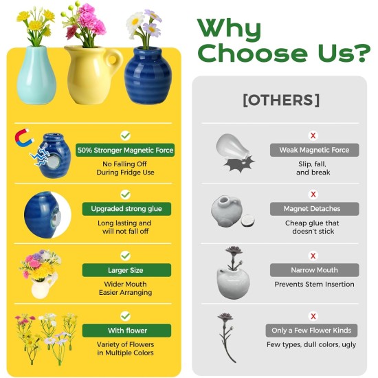 8 Pcs Refrigerator Magnets - Cute Mini Ceramic Vase Fridge Magnets with Artificial Flowers, Funny Tiny Vase Magnet for Fridge Decorative, Office, Kitchen, Locker, Whiteboard