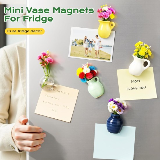 8 Pcs Refrigerator Magnets - Cute Mini Ceramic Vase Fridge Magnets with Artificial Flowers, Funny Tiny Vase Magnet for Fridge Decorative, Office, Kitchen, Locker, Whiteboard