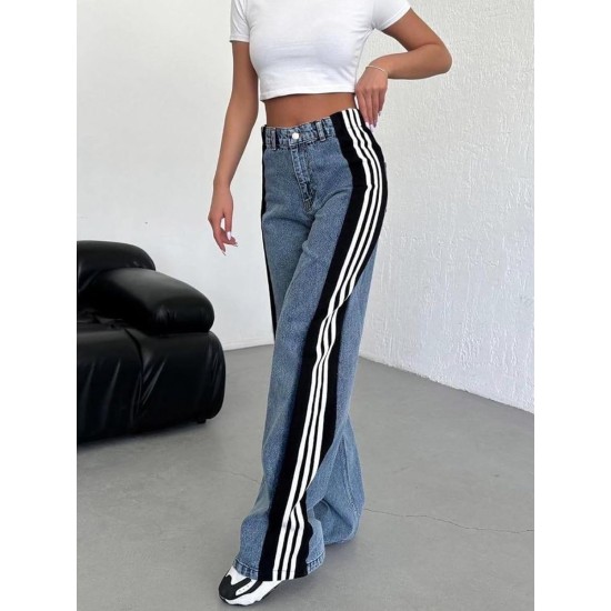 Angsuttc Womens Jeans with Patchwork Stripes High Waisted Stretchy Denim Color Block Straight Wide Leg Trendy Jean Angsuttc Womens Jeans with Patchwork Stripes High Waisted Stretchy Denim Color Block Straight Wide Leg Trendy Jean
