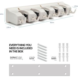 HOME IT Mop And Broom Holder Wall Mount - Garage Storage Systems with 5 Slots, 6 Hooks, 7.5lbs Capacity Per Slot - Garden Tool Organizer For Home, Kitchen, Closet, Garage, Laundry Room - Off-White