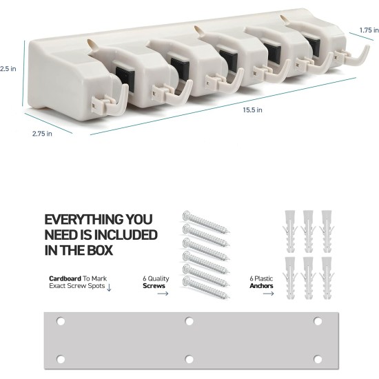 HOME IT Mop And Broom Holder Wall Mount - Garage Storage Systems with 5 Slots, 6 Hooks, 7.5lbs Capacity Per Slot - Garden Tool Organizer For Home, Kitchen, Closet, Garage, Laundry Room - Off-White HOME IT Mop And Broom Holder Wall Mount - Garage Storage Systems with 5 Slots, 6 Hooks, 7.5lbs Capacity Per Slot - Garden Tool Organizer For Home, Kitchen, Closet, Garage, Laundry Room - Off-White