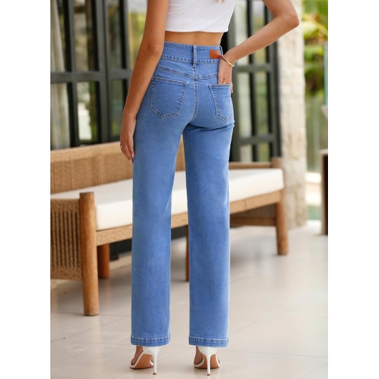 Sidefeel Women's Jeans High Waisted Straight Leg Stretchy Jeans Trendy Loose Wide Leg Zimbaplatinum Denim Pants with Pockets