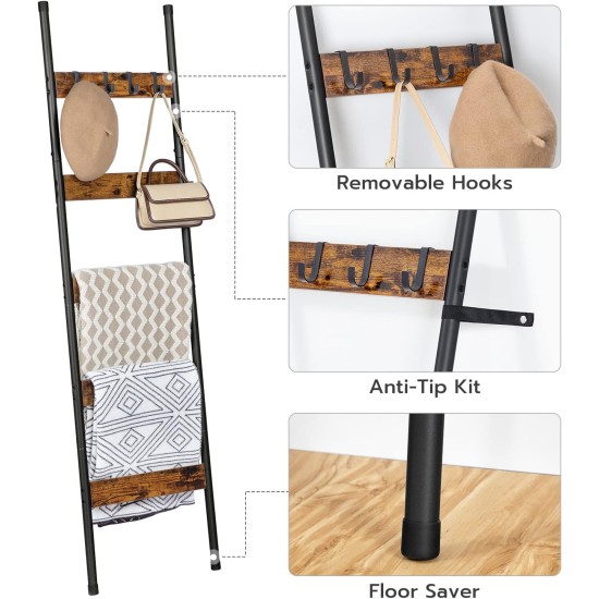 HOOBRO Blanket Ladder, 5-Tier Towel Rack with Hooks, Wall-Leaning Blanket Rack, Decorative Display Ladder Shelf, for Scarves, Industrial, Living Room, Bedroom, Rustic Brown and Black BF52CJ01