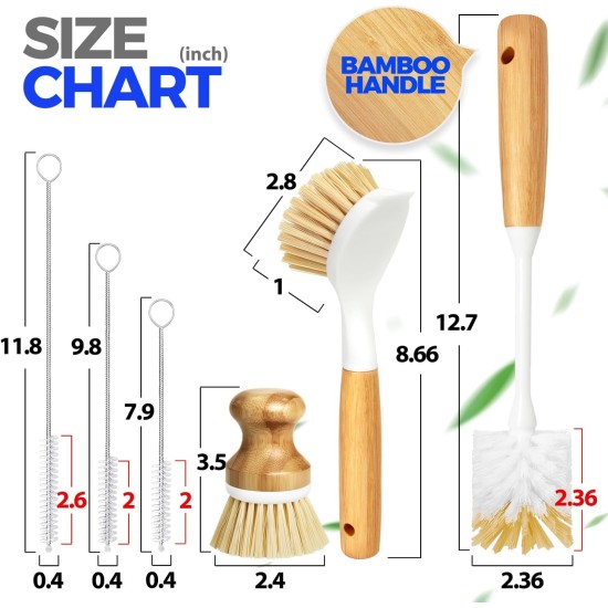 Holikme 6 Pack Dish Brush Kitchen Brushes Set with Vegetable Palm Brush, Bottle Brush, Dish Brush and Straw Brush, Fruit Cleaning Brushes for Cleaning Potato Skillet Wok Pot Pan Cast Iron, Yellow