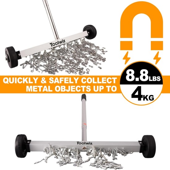 Toolwiz Magnetic Pick Up Sweeper 17-inch Heavy Duty Magnet Pickup Lawn Sweeper Roofing Tools, 8.8 Lbs Yard Magnet with Telescoping Holder and Wheels to Pick Up Nails Magnetic Sweeper for Construction