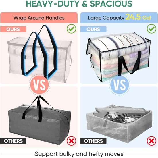 BALEINE 6-Pack Oversized Moving Bags with Reinforced Handles, Heavy-Duty Storage Tote for Clothes, Moving Supplies (Clear, 6-Pack)