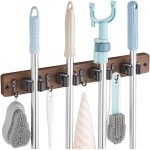 Mop and Broom Holder Wall Mount - Rustic Wood Broom Mop Hanger - Wall Mounted Garden Tool Rack Organizer for Closet Garage Laundry Room Kitchen Decor With 4 Slots & 4 Hooks