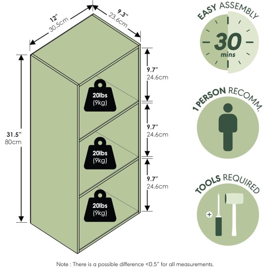 Furinno PASIR Book Shelf, 3-Cube Bookcase, Standing Bookshelf, Open Storage Shelf, Closed Back, Easy Assembly, 9.3 x 12 x 31.5 Inches, for Home Office, Living Room, Plain White