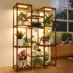 Bamworld Plant Stand with Grow Light Plant Shelf for Mutiple Pots Large Plant Holder for Living Room Patio Boho Home Decor for Gardening Warm Light