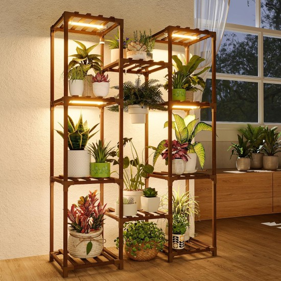 Bamworld Plant Stand with Grow Light Plant Shelf for Mutiple Pots Large Plant Holder for Living Room Patio Boho Home Decor for Gardening Warm Light