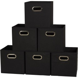 Household Essentials Foldable Fabric Storage Bins 6 Piece Set, Strong Poly-Woven Fabric, Sturdy Chipboard Sides, Grommet Front Handle, Stackable and Foldable, Classic Design, Black
