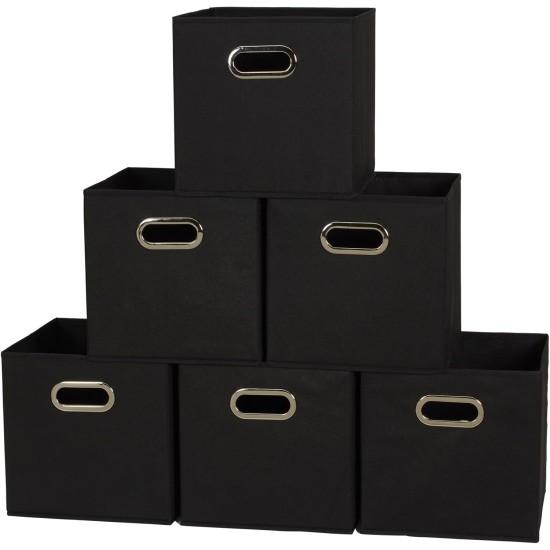 Household Essentials Foldable Fabric Storage Bins 6 Piece Set, Strong Poly-Woven Fabric, Sturdy Chipboard Sides, Grommet Front Handle, Stackable and Foldable, Classic Design, Black