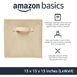 Amazon Basics Collapsible Fabric Storage Cube Bins Organizer with Handles, Sturdy, Beige, 13-x-13-x-13-inch, Pack of 6