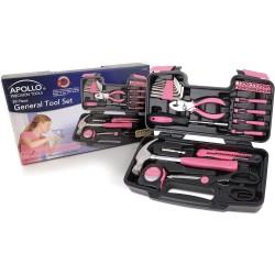 Apollo Tools Original 39 Piece General Household Tool Set in Toolbox Storage Case with Essential Hand Tools for Everyday Home Repairs, DIY and Crafts - Pink Ribbon - Pink - DT9706P