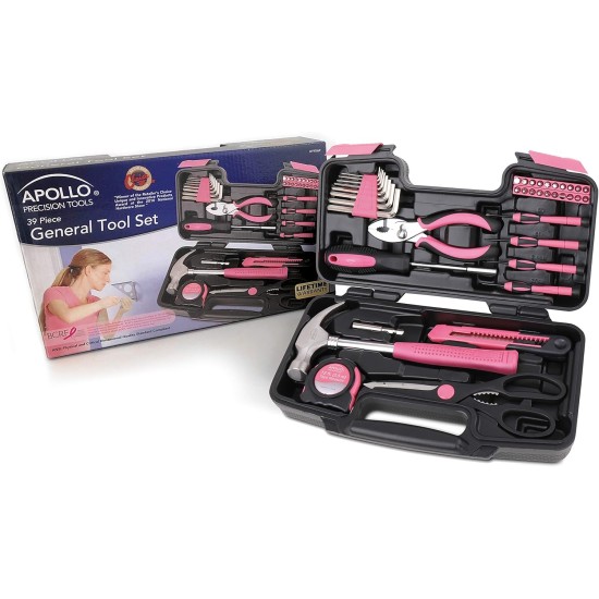 Apollo Tools Original 39 Piece General Household Tool Set in Toolbox Storage Case with Essential Hand Tools for Everyday Home Repairs, DIY and Crafts - Pink Ribbon - Pink - DT9706P