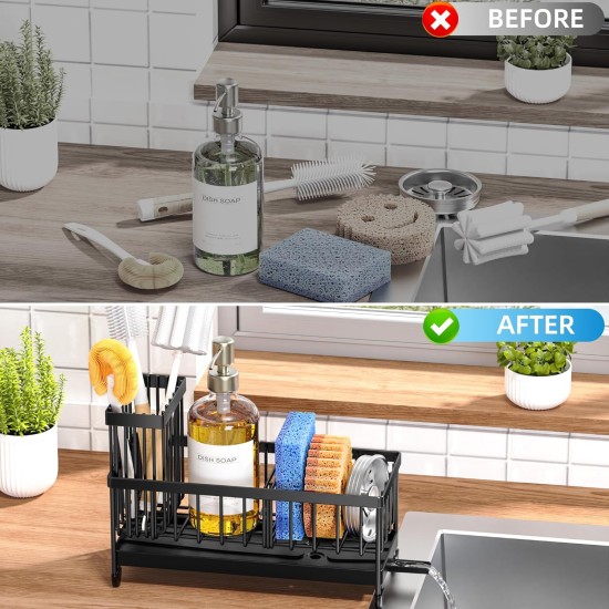 Cisily Sponge Holder for Kitchen Sink, Sink Caddy Organizer with High Brush Holder, Kitchen Countertop Organizers and Storage Essentials, Rustproof 304 Stainless Steel (Black, 9.25″)