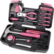 Apollo Tools Original 39 Piece General Household Tool Set in Toolbox Storage Case with Essential Hand Tools for Everyday Home Repairs, DIY and Crafts - Pink Ribbon - Pink - DT9706P