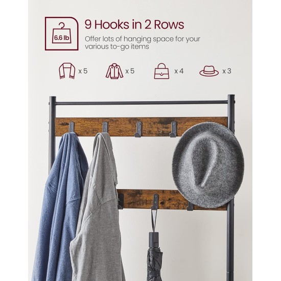 VASAGLE Coat Rack, Hall Tree with Shoe Storage Bench, Entryway Bench with Shoe Storage, 3-in-1, Steel Frame, for Entryway, 12.6 x 27.6 x 68.9 Inches, Industrial, Rustic Brown and Black UHSR41BX