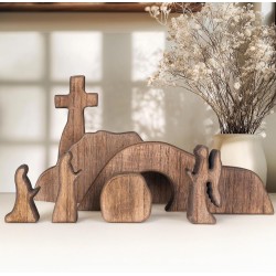 NEROSUN Empty Tomb Easter Scene and Cross Decoration, Wooden Easter Resurrection Scene Cross Jesus Tomb Tray Set, Jesus Nativity Scene Decor for Religious Home Office Tabletop Christian Gifts