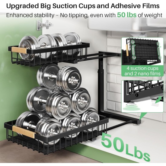 Kitstorack Under Sink Organizer, 2 Tier Under the Sink Storage, Slide out Pull out Cabinet Organizer Shelf, Metal Sliding Drawer for Kitchen Bathroom Pantry Closet Organization Rack, Black, 2 Pack