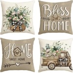 AVOIN colorlife Bless Our Home Farmhouse Eucalyptus Leaves Throw Pillow Covers, 18 x 18 Inch Truck Home Sweet Home Cushion Case Decorations Set of 4