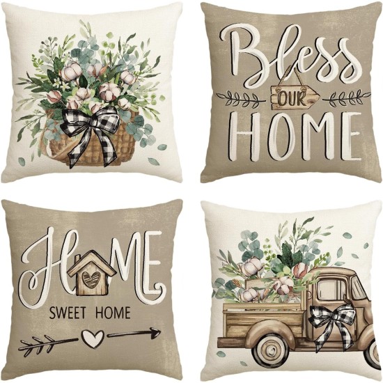 AVOIN colorlife Bless Our Home Farmhouse Eucalyptus Leaves Throw Pillow Covers, 18 x 18 Inch Truck Home Sweet Home Cushion Case Decorations Set of 4