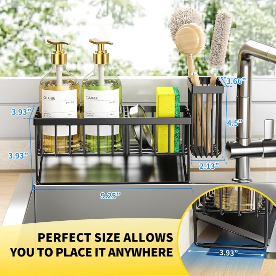 Cisily Sink Caddy Sponge Holder for Kitchen with Brush Holder and Stainless Steel Self Drain Tray, Rustproof Kitchen Sink Organizer for Sponge, Soap Dispenser Storage Accessories