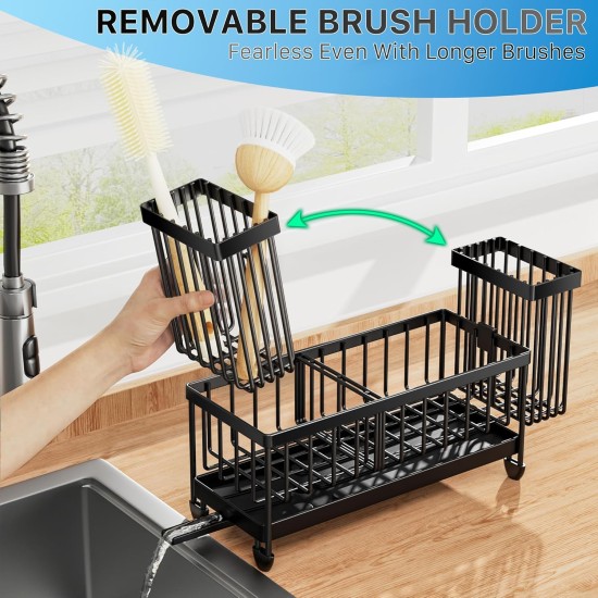 Cisily Sponge Holder for Kitchen Sink, Sink Caddy Organizer with High Brush Holder, Kitchen Countertop Organizers and Storage Essentials, Rustproof 304 Stainless Steel (Black, 9.25″)