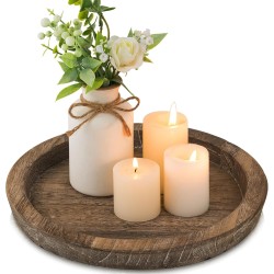 Hanobe Candle Plate Holder Tray: Round Wood Decorative Candle Plate - Rustic Farmhouse CoffeeTable Decor - Tealight Pillar Trays for Home Decor (Distressed)