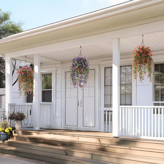 Artificial Fake Hanging Flowers Plants for Outdoor Spring Decoration,2 PCS Faux Silk Daisy with Eucalyptus Leaves,UV Resistant Look Real for Outside Home Indoor Planter Porch Patio Balcony Yard Decor