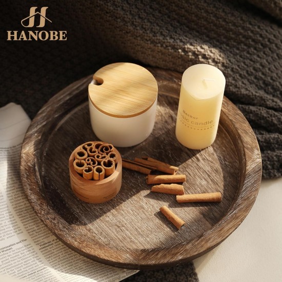 Hanobe Candle Plate Holder Tray: Round Wood Decorative Candle Plate - Rustic Farmhouse CoffeeTable Decor - Tealight Pillar Trays for Home Decor (Distressed)