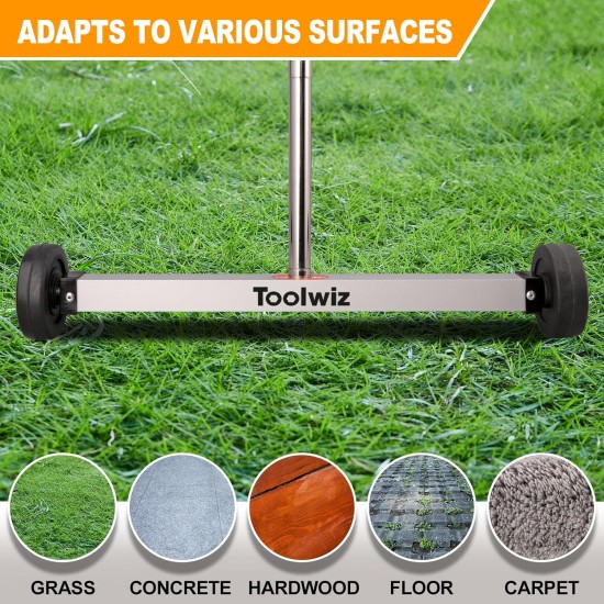 Toolwiz Magnetic Pick Up Sweeper 17-inch Heavy Duty Magnet Pickup Lawn Sweeper Roofing Tools, 8.8 Lbs Yard Magnet with Telescoping Holder and Wheels to Pick Up Nails Magnetic Sweeper for Construction