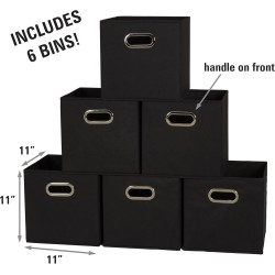Household Essentials Foldable Fabric Storage Bins 6 Piece Set, Strong Poly-Woven Fabric, Sturdy Chipboard Sides, Grommet Front Handle, Stackable and Foldable, Classic Design, Black