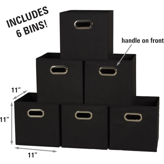 Household Essentials Foldable Fabric Storage Bins 6 Piece Set, Strong Poly-Woven Fabric, Sturdy Chipboard Sides, Grommet Front Handle, Stackable and Foldable, Classic Design, Black