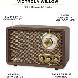 Victrola Willow – Retro Wood Bluetooth Radio with Built-in Speakers: Elegant & Vintage Design, Rotary AM/FM Tuning Dial, Bass & Treble Control, Wireless Streaming (Espresso)