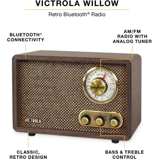 Victrola Willow – Retro Wood Bluetooth Radio with Built-in Speakers: Elegant & Vintage Design, Rotary AM/FM Tuning Dial, Bass & Treble Control, Wireless Streaming (Espresso)