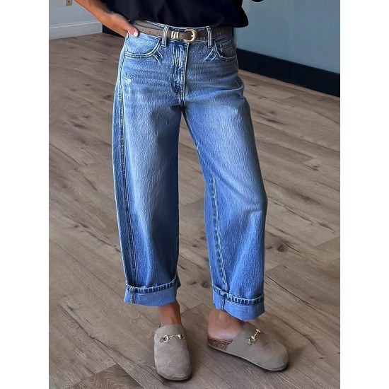 Flamingals Straight Leg Jeans for Women Boyfriend Mid Rise Roll Hem Wash Cropped Denim Pants Without Belt Flamingals Straight Leg Jeans for Women Boyfriend Mid Rise Roll Hem Wash Cropped Denim Pants Without Belt