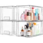 Vtopmart 4 Pack Large Stackable Storage Drawers,Easily Assemble Acrylic Bathroom Closet Undersink Organizers and Storage,Plastic Bins for Kitchen Cabinets,Pantry,Makeup,Medicine Organization