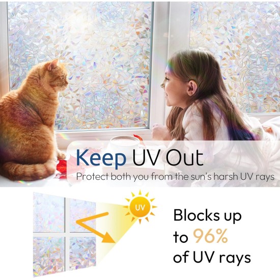 rabbitgoo Window Privacy Film Rainbow Film Decorative Window Sticker, 3D Static Stained Glass Cling Tint for Home Heat Control Non-Adhesive, 17.5 x 78.7 inches