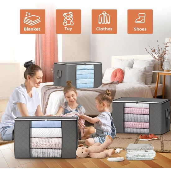90 L Large Storage Bags, 6 Pack Clothes Storage Bins Foldable Closet Organizers Storage Containers with Reinforced Handle for Clothing, Blanket, Comforters, Bed Sheets, Pillows and Toys (Gray)