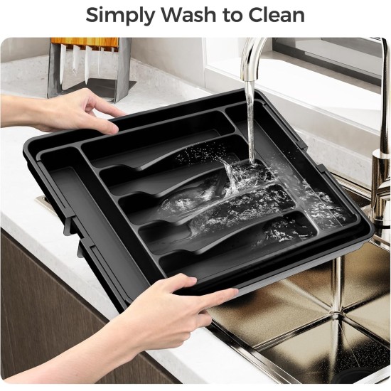 Extra Large Expandable Silverware Organizer, BPA-Free Food-Safe Cutlery Flatware Organizer, Kitchen Utensil Drawer Organizer, Adjustable Silverware Holder for Spoons Forks Knives, Black