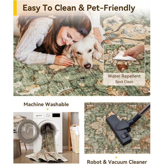 Area Rugs 8'x10' Washable Non-Slip, Floral Vintage Distress Print Pattern Medallion Carpet for Living Room Bedroom Dining Room, Brick Red Rust Neutral Brown Burnt Orange Green Area Rugs 8'x10' Washable Non-Slip, Floral Vintage Distress Print Pattern Medallion Carpet for Living Room Bedroom Dining Room, Brick Red Rust Neutral Brown Burnt Orange Green