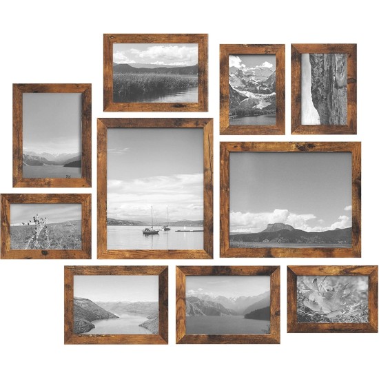 SONGMICS Picture Frames, Collage Picture Frames Set of 10, Two 8x10, Four 5x7, Four 4x6, Photo Frame for Wall Gallery Decor, Table Display, Glass, Rustic Brown URPF010X01
