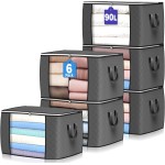90 L Large Storage Bags, 6 Pack Clothes Storage Bins Foldable Closet Organizers Storage Containers with Reinforced Handle for Clothing, Blanket, Comforters, Bed Sheets, Pillows and Toys (Gray)