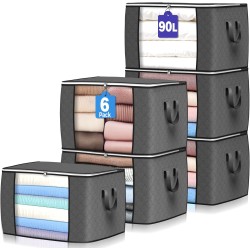 90 L Large Storage Bags, 6 Pack Clothes Storage Bins Foldable Closet Organizers Storage Containers with Reinforced Handle for Clothing, Blanket, Comforters, Bed Sheets, Pillows and Toys (Gray)