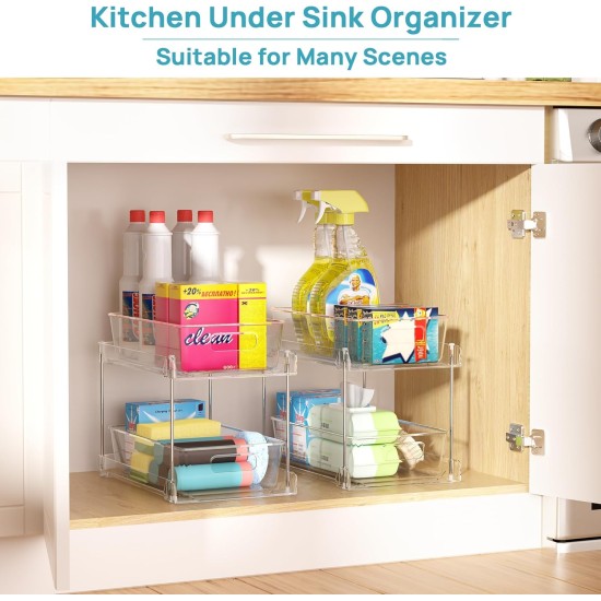 Vtopmart 4 Pack Bathroom Organizer, 2 Tier Clear Under Sink Organizers Vanity Countertop Storage Container,Cabinet Drawers Bins, Pull-Out Organization with Track for Pantry, Kitchen Vtopmart 4 Pack Bathroom Organizer, 2 Tier Clear Under Sink Organizers Vanity Countertop Storage Container,Cabinet Drawers Bins, Pull-Out Organization with Track for Pantry, Kitchen