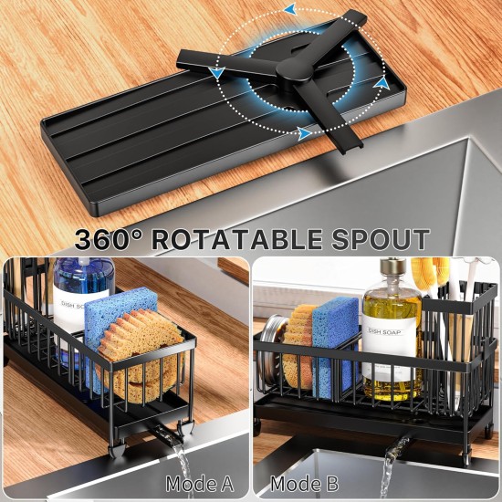 Cisily Sponge Holder for Kitchen Sink, Sink Caddy Organizer with High Brush Holder, Kitchen Countertop Organizers and Storage Essentials, Rustproof 304 Stainless Steel (Black, 9.25″)