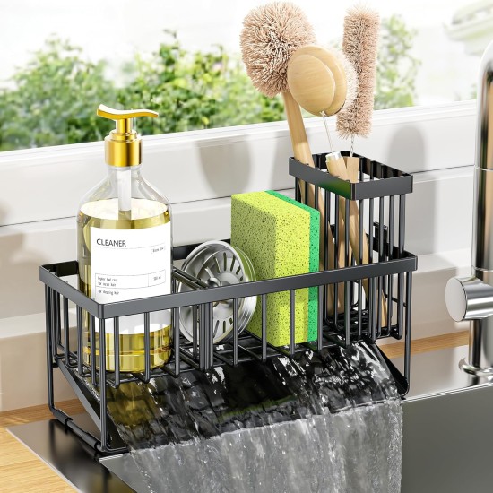 Cisily Sink Caddy Sponge Holder for Kitchen with Brush Holder and Stainless Steel Self Drain Tray, Rustproof Kitchen Sink Organizer for Sponge, Soap Dispenser Storage Accessories