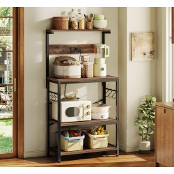 SUPERJARE Kitchen Bakers Rack with Power Outlet, Coffee Bar Table 4 Tiers, Kitchen Microwave Stand with 6 S-Shaped Hooks, Storage Shelf Rack for Spices, Pots and Pans - Rustic Brown SUPERJARE Kitchen Bakers Rack with Power Outlet, Coffee Bar Table 4 Tiers, Kitchen Microwave Stand with 6 S-Shaped Hooks, Storage Shelf Rack for Spices, Pots and Pans - Rustic Brown