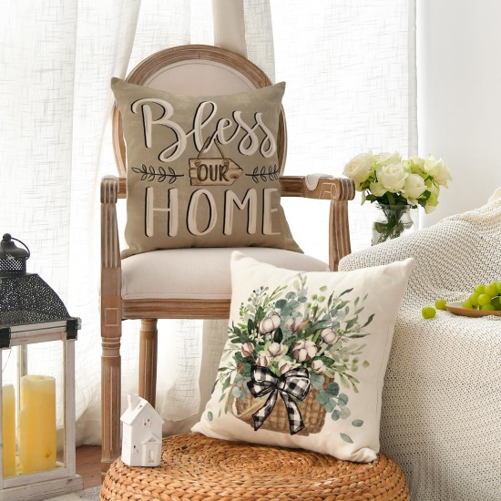 AVOIN colorlife Bless Our Home Farmhouse Eucalyptus Leaves Throw Pillow Covers, 18 x 18 Inch Truck Home Sweet Home Cushion Case Decorations Set of 4